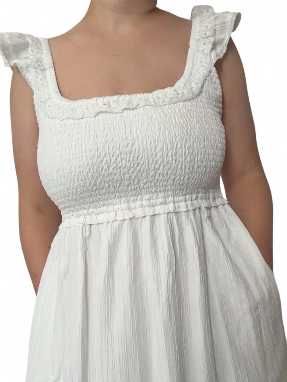 American Eagle Outfitters White Smocked Midi Dress with Ruffle Straps